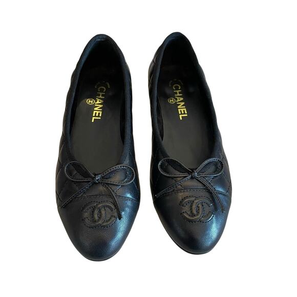 Chanel Interlocking CC Logo Leather Ballet Bow Flats Black Womens 36 / US 6 - Picture 1 of 11